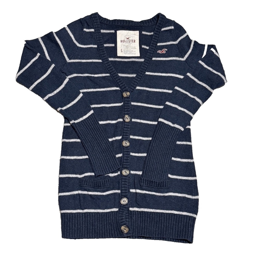 Hollister Womens Blue Grey Striped Cable‎ Knit Long Sleeve Button Up Cardigan S